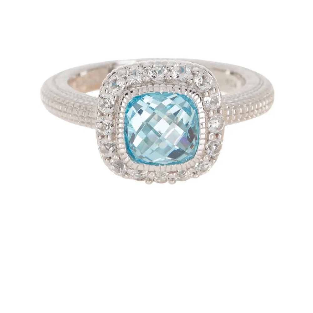 JUDITH RIPKA STERLING SILVER CUSHION CUT RING SKY BLUE CZ WHITE TOPAZ SIZE 7 NWT